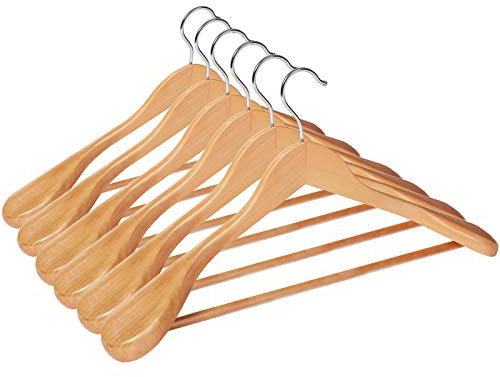 SONGMICS - Juego de 6 Perchas, de Madera Maciza con Hombros Muy Anchos, Antideslizantes, para Trajes, Camisas, Abrigos, Chaquetas, Pantalones, Ganchos giratorios 360°, Color Madera CRSH06NL