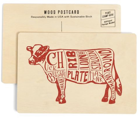 Beef, Butchers Block Meat Cuts, Red Cow on White (4x6 Birch Wood Postcards, 2-Pack Stationary, Rustic Home Wall Decor)