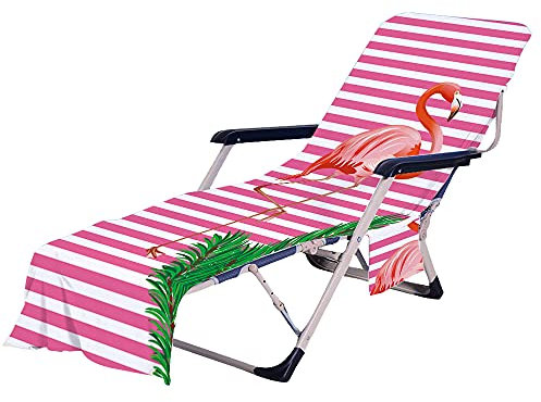 FANSU Schonbezug für Gartenliege Frottee Liegenauflage Garten Sonnenliege Handtuch mit 2 Taschen Stuhl Strandtuch für Schwimmbäder, Strände, Gartenhotels (Gestreifter Flamingo,75x210cm)