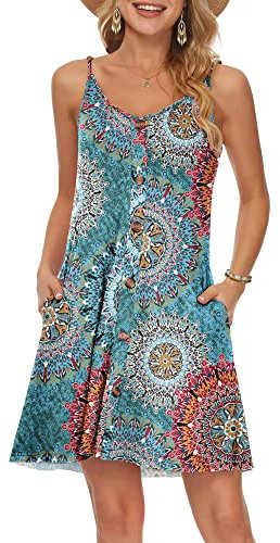 WNEEDU Damen Kleid Sommer Spaghettiträger Sommerkleid Kurze Strandkleider V Ausschnitt Leichte Freizeitkleid mit Taschen Grün drucken S