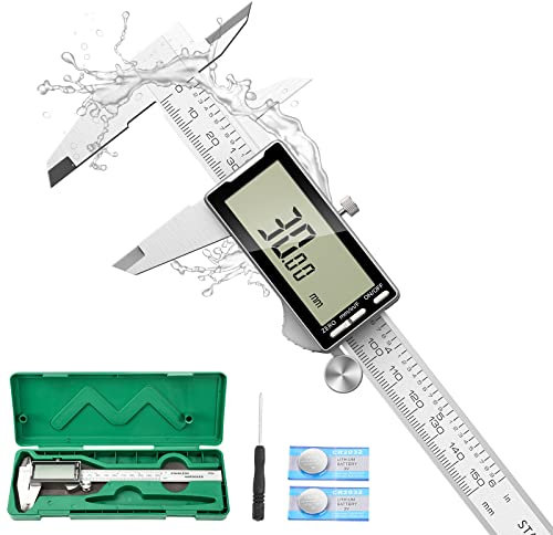 Raynesys Calibrador Digital de Acero Inoxidable con Pantalla LCD Grande, Vernier Electrónico Profesional de 6 con Conversión de Precisión MM/Pulgadas para Joyeros Carpintería Bricolaje, Plateado