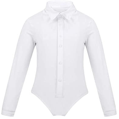 Manyakai Jungen Tanz Body Kentkragen Hemdbody Langarmbody Gentleman Hemd Langarmshirt Ballettanzug Bodysuit Overall Kinder Tanz Outfit Festzug Weiss 134-140