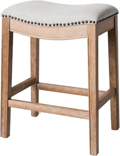 Maven Lane Adrien 66 cm Counter Height Upholstered Backless Saddle Barstool in Weathered Oak Finish with Sand Color Fabric Cushion Seat, Hand-applied nail heads