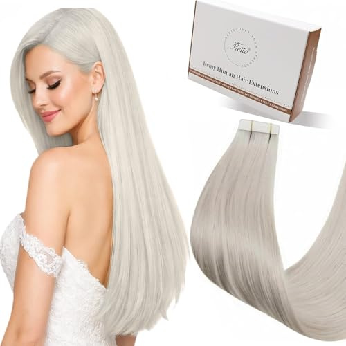 Hetto Echthaar Tape in Extensions Platinblond 40cm 20Stück 50g - Perfekt für Hochzeits-Look oder Party, Pflegeleichte & Unsichtbare Tape Extensions, Natürlicher Flow #60
