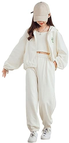 YFPICO Enfant Fille Survêtement Ensemble 3 Pièce Vêtement de Jogging Sweat-shirt et Pantalon de Sport Costume Joggers Automne Sportwear, Blanc, 12-13 ans
