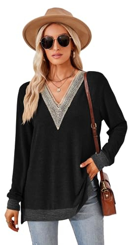 GRMLRPT Blouse à Manches Longues Femme Chic T-Shirts Élégant Col en V Chemisier Casual Tops Mode Couleur Unie Hauts Tunique(Noir,L)
