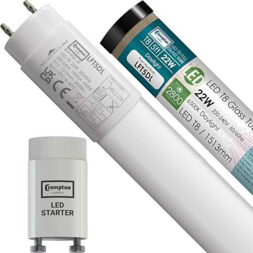 Crompton Lamps 5ft LED T8 Tube | 6500K Daylight | 22W = 58W Equivalent | Replacement Fluorescent Tubes for LED Batten Light | Ceiling Strip Lights | Garage Lighting | Includes LED Starter