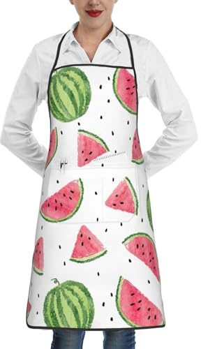 Luckily&Day Tablier de cuisine fantaisie avec poches pour femme - Motif pastèque - Blanc - Taille unique, Blanc, taille unique