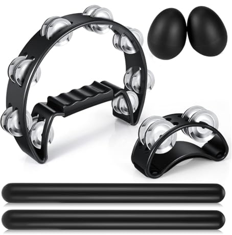 Pluuttiem 6-delat tamburinset, halvmåne tamburin för hand, med rytmpinnar, äggskakare, musikaliskt slaginstrument set