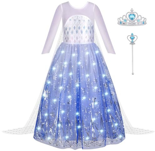 Aomig LED Light up Robe Princesse Fille, Elsa Costume Déguisement de Cape Elsa Lumineux, Costume Princesse avec Accessoires de Baguette Magique Couronne Fête d'Anniversaire Halloween Noël Cosplay(110)