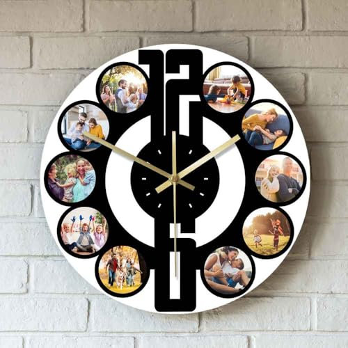 Orologio personalizzato, Orologio da parete personalizzato, Orologio da parete personalizzato con foto, cucina, bagno, silenzioso, decorazione rotonda, 10 foto-30 cm/38 cm, 10 pollici/14 pollici
