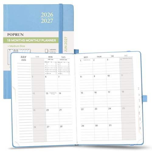 POPRUN Monthly Planner 2026-2027, Medium-6.25'' x 8.5'', 18-Month Calendar Book (Jan.26 - Jun.27), Calendar Planner with Monthly Tabs, Storage Pocket, Hardcover, 100 GSM Paper - Haze Blue