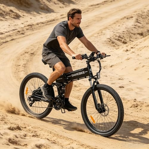 SAMEBIKE Folding Electric Bike for Adults 26, 250W UK Legal Motor, 100km Range with Full Suspension, Removable 48V Battery, LCD Display, IP54 Waterproof, City Commuter E-Bike for Men Women.