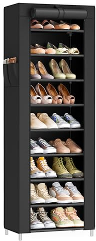 SONGMICS Zapatero, 10 Niveles, Zapatero de Entrada 28 x 48 x 160 cm con Cubierta de Tela, Delgado, Marco de Metal, Negro RXJ034BH01