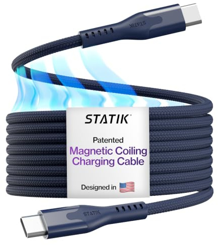Statik MagStack Pro USB C till USB C-kabel, magnetisk typ C-laddare snabbladdningskabel, On The Go magnetisk laddningskabel för bil, kompatibel med iPhone, iPad och Android, marinblå 100 W 0,9 m
