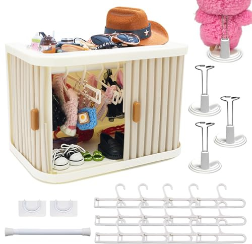 Bofiyma Foldable Doll Wardrobe Storage Compatible with Labubu - Complete Display Kit with 15 Hangers, Rod & 4 Stands - Sliding Door Organizer with Top Shelf