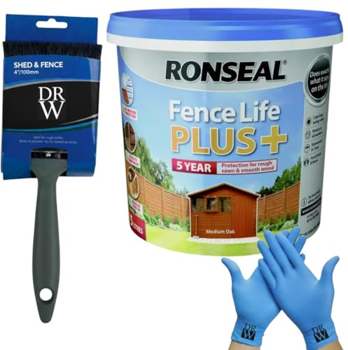 Ronseal One Coat Shed & Fence Protector Medium Oak 5L UV Protection + Free 4 Fence Paint Brush & Nitrile Gloves | Long-Lasting Weatherproof Wood Protection | One Coat Formula for Sheds and Fences