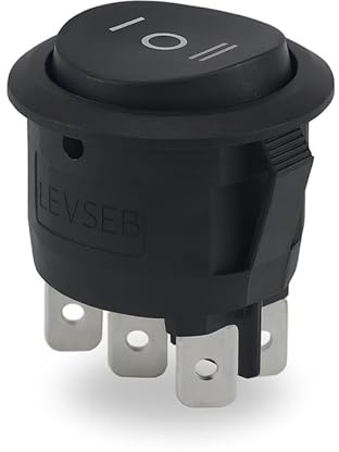 LEVSEB Rund vippströmbrytare 22 mm, 6-stifts ON-OFF-ON, 250 V/6 A, svart, snap-in-montering, 4,8 mm platta kontakter – perfekt för motorompolering, bil, båt, husbil och elektronik