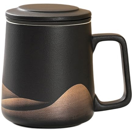 Tekopp med tesil – 360 ml keramisk tekopp, handmålad svart glasyr med lock och sil | brukskopp för löst te, hemmakontor, kaffejärn, daglig användning, gåva till teälskare