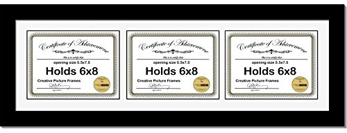 Creative Picture Frames 8X26Bk-W Black Horizontal 6X8 Triple Diploma Frame With 3 Opening White Matting | Holds 3 6X8 Inch Documents With Installed Wall Hanger