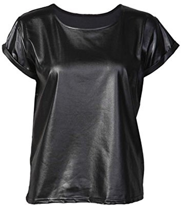 Get The Trend Womens PVC Wet Look ROLL UP Sleeves TOP Ladies Faux Leather Party Short Sleeve Open Hem TOP Shirt Black