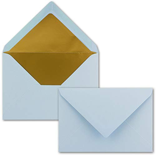 Kuverts in Hell-Blau - 10 Stück - Brief-Umschläge DIN C6-114 x 162 mm - 11,4 x 16,2 cm - Naßklebung - matte Oberfläche & Gold-Metallic Fütterung - ohne Fenster - für Einladungen