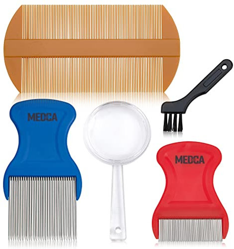 Kit premium per pidocchi da 5 pezzi - Set per il trattamento completo con pettine a denti fini e lente d'ingrandimento - BS0765G Set di pettini per pidocchi