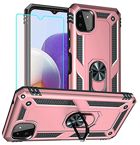 Samsung A22 5G Case, Samsung Galaxy A22 5G Case and Screen Protector, Ring Holder Full Body Protective Shockproof Armour Phone Case for Samsung Galaxy A22 5G (Rose Gold)