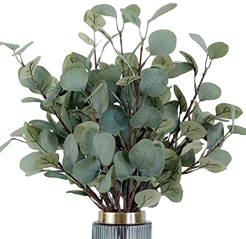 HinyoCo 6 Pcs 35 Inch Tall Stems Artificial Eucalyptus Leaves，Faux Silver Dollar Eucalyptus Leaf Branches in Grey Green for Home Party Wedding Decoration