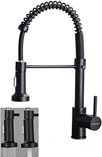 Grifo de cocina, fregadero con pulverizador extraíble, grifo de resorte, material de cobre, modo dual giratorio y agua fría con cabezal pulverizador de doble función, color negro mate