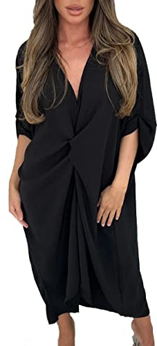 Women’s Ladies V-Neck Knot Twist Short Sleeve Baggy Oversized Loose Fits Smock Midi Casual Longline Summer Dresses for Women Black 12-24