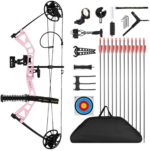 MOTION ZEUS Junior Compounnd Bow Set for Youth & Kids,Beginners and Women Bow Draw Length 16-28,Draw Weight 10-40Lbs,290fps，Adjustable (Pink)