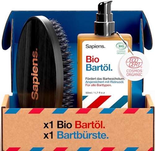 Sapiens Barbershop Bartbürste Männer + Bio Bartöl 50 ml - Wildschweinborsten Bartbürste für alle Barttypen - Taschenformat Ideal für Bartpflege - Boar Bristle Beard Brush and Beard Oil for Men