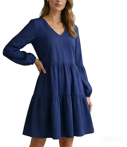 Vestito da Donna Maniche Lunghe Casual Abito Corto in Scollo V Elegante Moda Vestitino in Maglione a Pieghe Tunica Tinta Unita Abitino Primavera Autunno