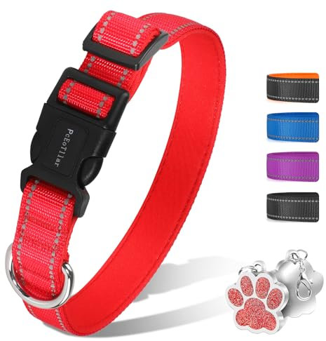 PcEoTllar Hundehalsband Gepolstert, Reflektierend Hunde Halsband für Kleine Hunde, Verstellbare Hundehalsband für Grosse Hund, Weich Neopren Halsbänder, Rot (50-60cm)