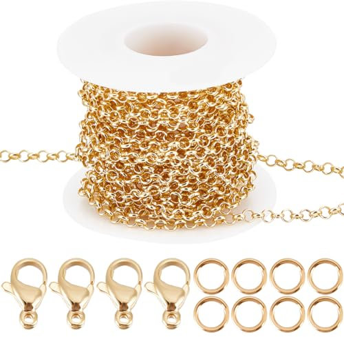 Beebeecraft 1 Scatola 5M Catene Barbazzale in Ottone Saldato Ottone Placcato Oro 18K Collana A Maglia Grossa Ovale da 3.5 mm con 20 Fermagli Ad Artiglio di Aragosta e 50 Anelli per Salto per