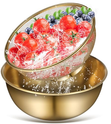 Ciieeo 7.08 Inch Stainless Steel Fine Mesh Colander Basket with Basin Multi-Functional Kitchen Strainer for Washing Vegetables Rice and Draining Fruits Compact Metal Wash Basin