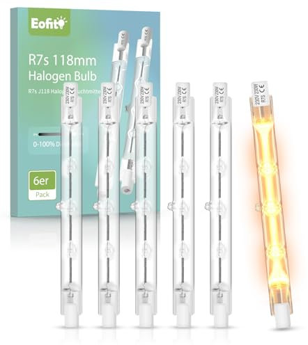 Eofiti R7S Halogenstab 118mm Dimmbar, 230W Halogen Leuchtmittel R7S 118mm, Warmweiß 2700K R7s Linear Halogenlampen, 4650LM 230V J118 Stablampe für Deckenfluter, Baustrahler, Stehleuchte, 6er Pack