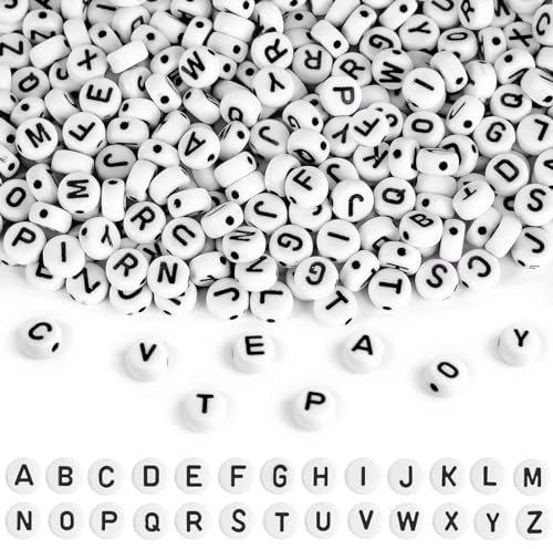 Buchstabenperlen, A-Z Buchstaben Perlen 7 mm Alphabet Perlen Set, Acryl Rund Buchstabenperlen für Armbänder Halsketten Schmuck DIY Herstellung, 600 Stk, Schwarz Weiß
