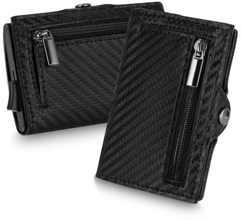 Mini Geldbörse Herren & Damen, Slim Wallet,Geldbeutel mit Münzfach & RFID Schutz, Leder Portmonee, 8 Fächer für Kreditkarten, Kartenetui Herren - Schwarz