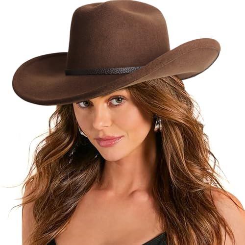 DRESHOW Cowboyhut für Damen & Herren Viehzüchter Western Filzhut Cowgirlhut mit Formbarer Breite Krempe und Schnallengürtel Unisex Aufrollbare Krempe Hut