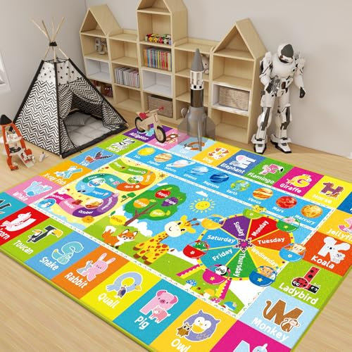 DINSUMRUG Alfombra infantil para sala de juegos, alfombra de juegos para bebé con alfabeto, mes, clima, semana y formas, alfombra educativa ABC, alfombra de juego para dormitorio y aula (150 x 100 cm