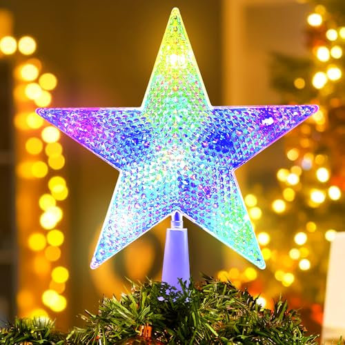 Punta per albero di Natale a forma di stella, decorazione natalizia con luce LED, illuminata, punta per albero di Natale, stella in pizzo, funzionamento a batteria, albero di Natale (D)