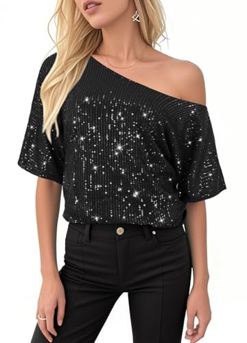 Segreto Blusa de lentejuelas brillantes para mujer, manga corta, cuello redondo, suelta, brillante, fiesta, camiseta, atuendo festivo, Lentejuelas negras, XXL