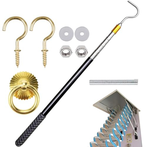 Kit de sistema de extracción de escalera, juego de ganchos de sistema de tracción de desván, repuesto de piezas de gancho de sistema de extracción de ático, poste de extensión de 56-164 cm y gancho de