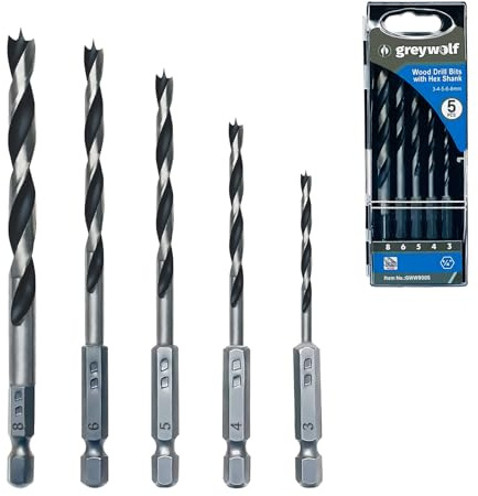 Greywolf Set di 5 punte per trapano per legno, design a doppia fessura, gambo esagonale a cambio rapido da 1/4, con scatola indice, per falegnami e appassionati di fai da te (3/4/5/6/8 mm)