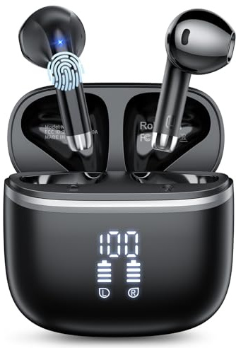 HOIFA Wireless Earbuds, HiFi Stereo Deep Bass, Bluetooth 5.4 Headphones with 4 ENC Noise Cancelling Mic, 50H Playtime,Bluetooth Earbuds Dual LED Display, IP7 Waterproof Bluetooth Earphones,2025 Black
