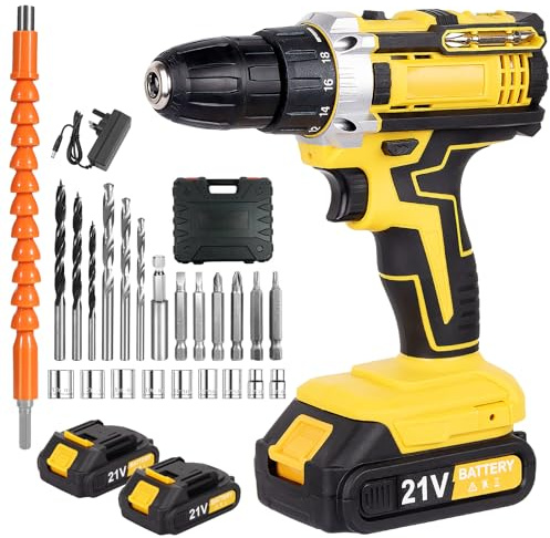 21V Cordless Electric Screwdriver Set - 42N.m (420in-lb) Torque, 2×1500mAh Batteries & Charger, 25+2 Speed, 30pcs Accessories with Case, Forward/Reverse Safety Lock