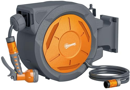 Outsunny Retractable Hose Reel Wall Mounted, 30+2m Garden Hose Pipe Reel with Lock, Auto Rewind, 7 in 1 Spray Nozzle, Includes Wall Fixings, 180° Swivel, Outdoor Watering, 59 x 23 x 42 cm, Orange