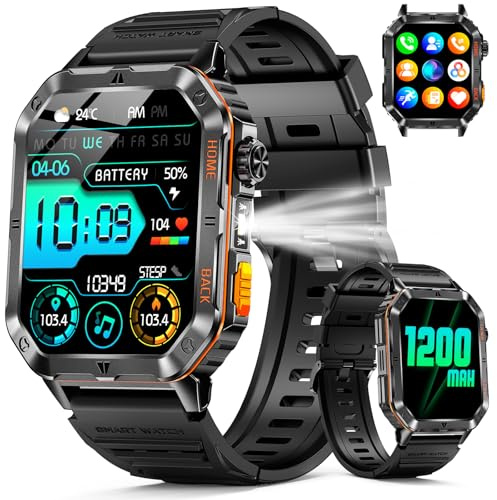 Military Smart Watch for Men, 2.01'' Fitness Tracker with 1200mAh Long Battery Life, Bluetooth Calls, Flashlight, IP68 Waterproof, Heart Rate/Sleep Tracking, 100+ Sports Modes for Android iPhone